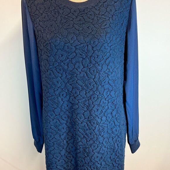 Vince Navy Blue Lace Overlay Silk Long Sleeve Jacquard Mini Dress Medium. - Picture 2 of 7